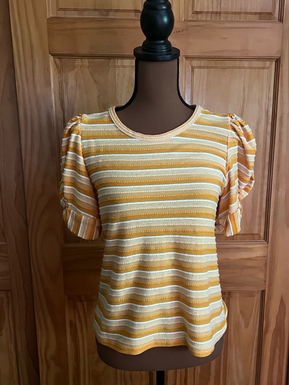 THML Yellow & White Striped Puff Sleeve Short Sleeve Tee